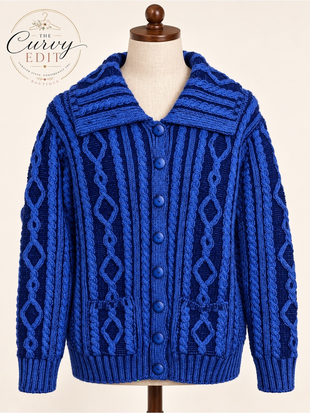 Authentic Aran Crafts Irish Merino Wool Blue Cable Knit Shawl Collar Cardigan L
